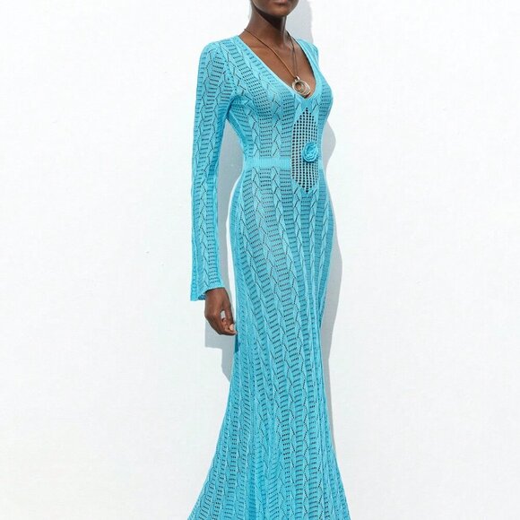 Blue Elegant Women's Season Hollow-Out Crochet Knit Dress - Picture 5 of 8